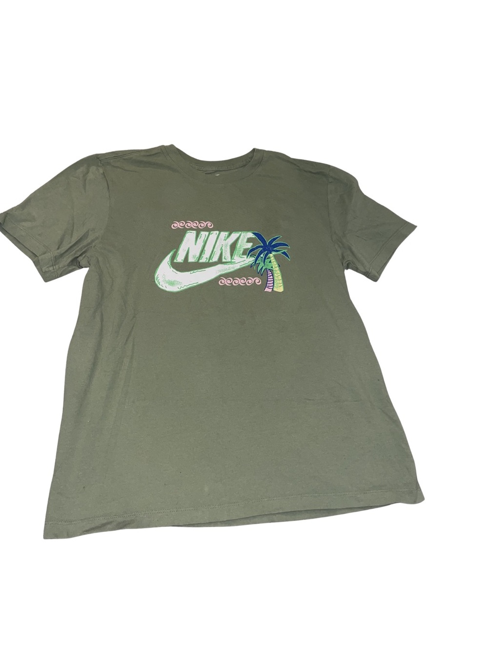 100% Cotton. Nike Olive Green Crewneck Tee with White Swoosh